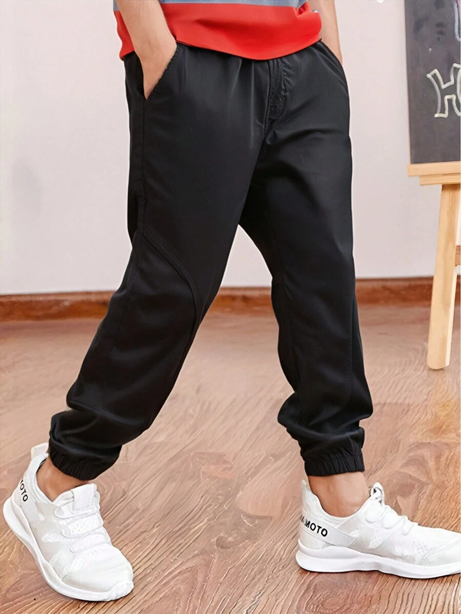 1 条装 Tween Boy 户外运动弹性腰部纯色休闲裤，春秋季 - 黑色 - 查看 1