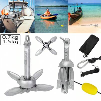 VA-Cerulean Boat Anchor Galvanized 0.7KG 1.5KG Anchor Folding Anchor Folding Anchor Anchor Set With Carabiner, 10 Meter Anchor Line, Anchor Buoy And Transport Bag, Folding Anchor For Boat Kayak Dinghy