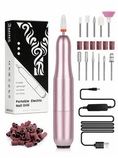  YOKEFELLOW 电动指甲钻套装专业指甲钻机粉色白色 30000RPM 便携式指甲锉抛光工具，带 12 个指甲钻头和 6 个打磨带和 1 袋打磨带，用于切割凝胶指甲油，修指甲修脚套装美甲用品，适合美甲师或初学者美甲沙龙使用