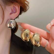 1pair Fashionable European & American Style Exaggerated Glossy Oval 3D Copper Earrings - Silver - View 3