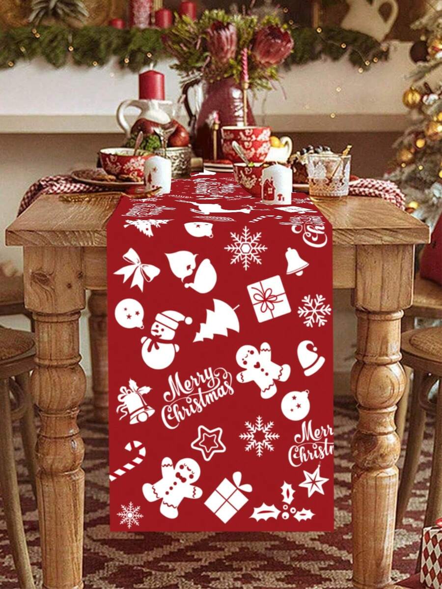 1 tấm khăn trải bàn Giáng sinh vui vẻ, thiết kế hình tuần lộc và bông tuyết màu đỏ và trắng, khăn trải bàn Giáng sinh vui vẻ bằng polyester 35x180cm, trang trí cho bữa tiệc họp mặt tại nhà, phòng ăn và phòng khách, đồ trang trí Giáng sinh làm quà tặng trang trí nhà cửa, vật dụng cho bữa tiệc ngày lễ mùa đông - Nhiều màu - Xem 1