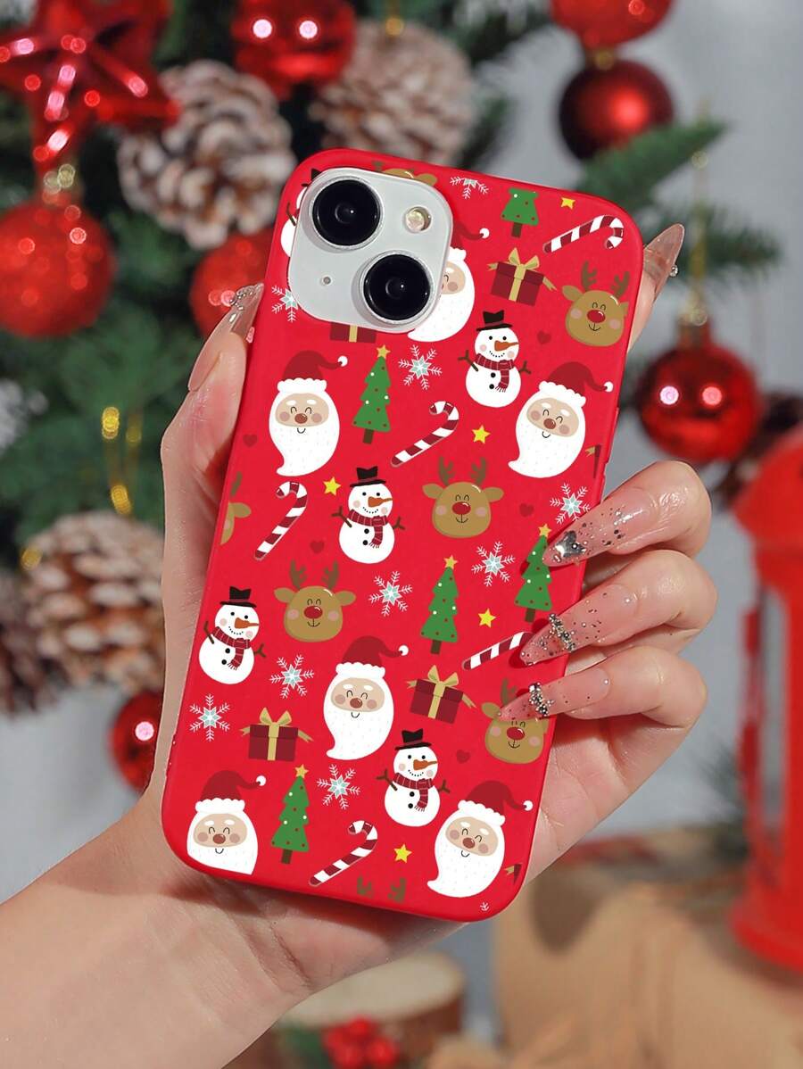 1pc Red Christmas Santa Claus & Christmas Tree Pattern Phone Case Compatible With Iphone - Multicolor - View 1