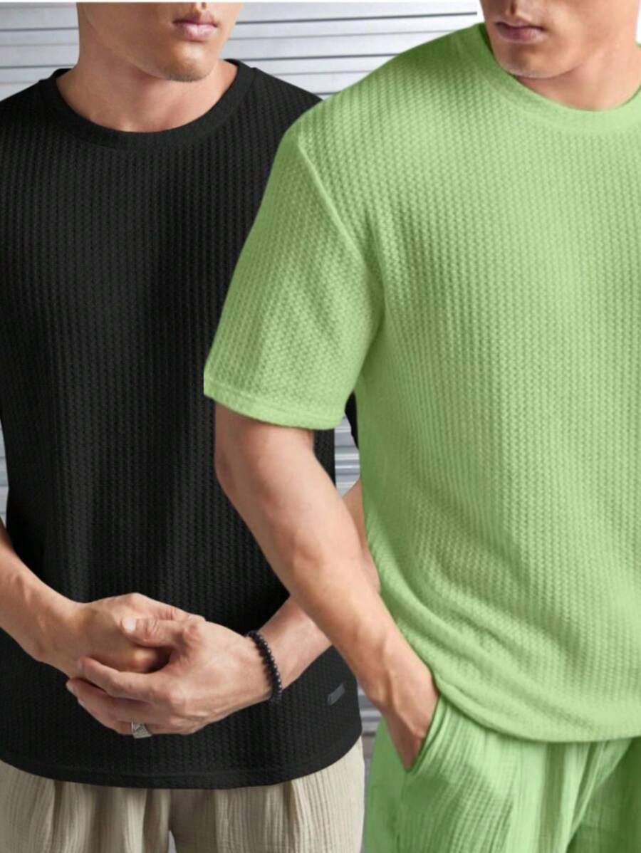 Kit 2 Oversized Casual Basic Plain Straight T-Shirt Black/Multicolor - 橄欖綠 - 查看 1