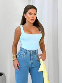 Women's Shapewear Leotard Bodysuit With Square Neckline And Wide Straps Double Fabric Gringa Fashion Blogger - Màu xanh nhạt - Xem 1