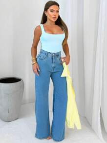 Women's Shapewear Leotard Bodysuit With Square Neckline And Wide Straps Double Fabric Gringa Fashion Blogger - Màu xanh nhạt - Xem 2