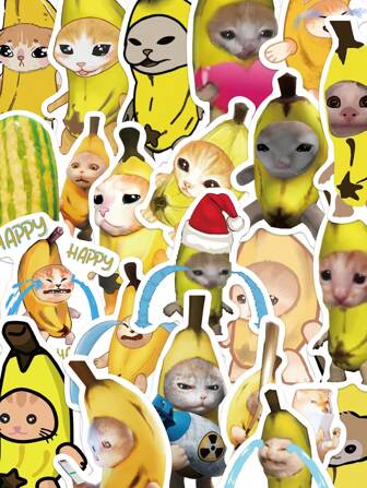 50pcs Sad Banana Cat Meme Stickers Funny Gift Waterproof PVC Decoration Gifts Laptop Water Bottles Computer Phone Guitar Skateboard DIY Decal