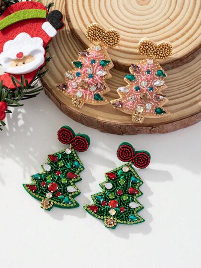 WinLeaf أقراط مزينة بالخرز للعيد بفيونكة من الراين اللامعة وتعليقات شجرة عيد الميلاد زوج واحد