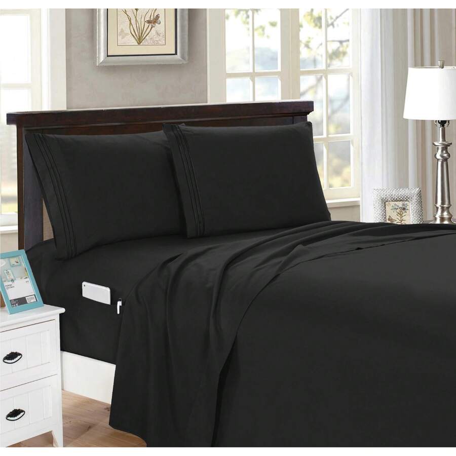 Elegant Comfort Luxury 4pcs Smart Pocket Sheet Set 16 Inch Deep Pockets - Ultra Soft Machine Washable Luxury 4-Piece Bed Sheet Set - Fade And Wrinkle Resistant Premium Hotel Quality Twin/Full/Queen/King Bedding Set- 4PC Sheets For Daily Use, Dorms, Guest Rooms, Christmas Decorations Gifts, Cozy Winter Styles (4pcs For Twin Size Sheet Set) - 黑色 - 查看 1