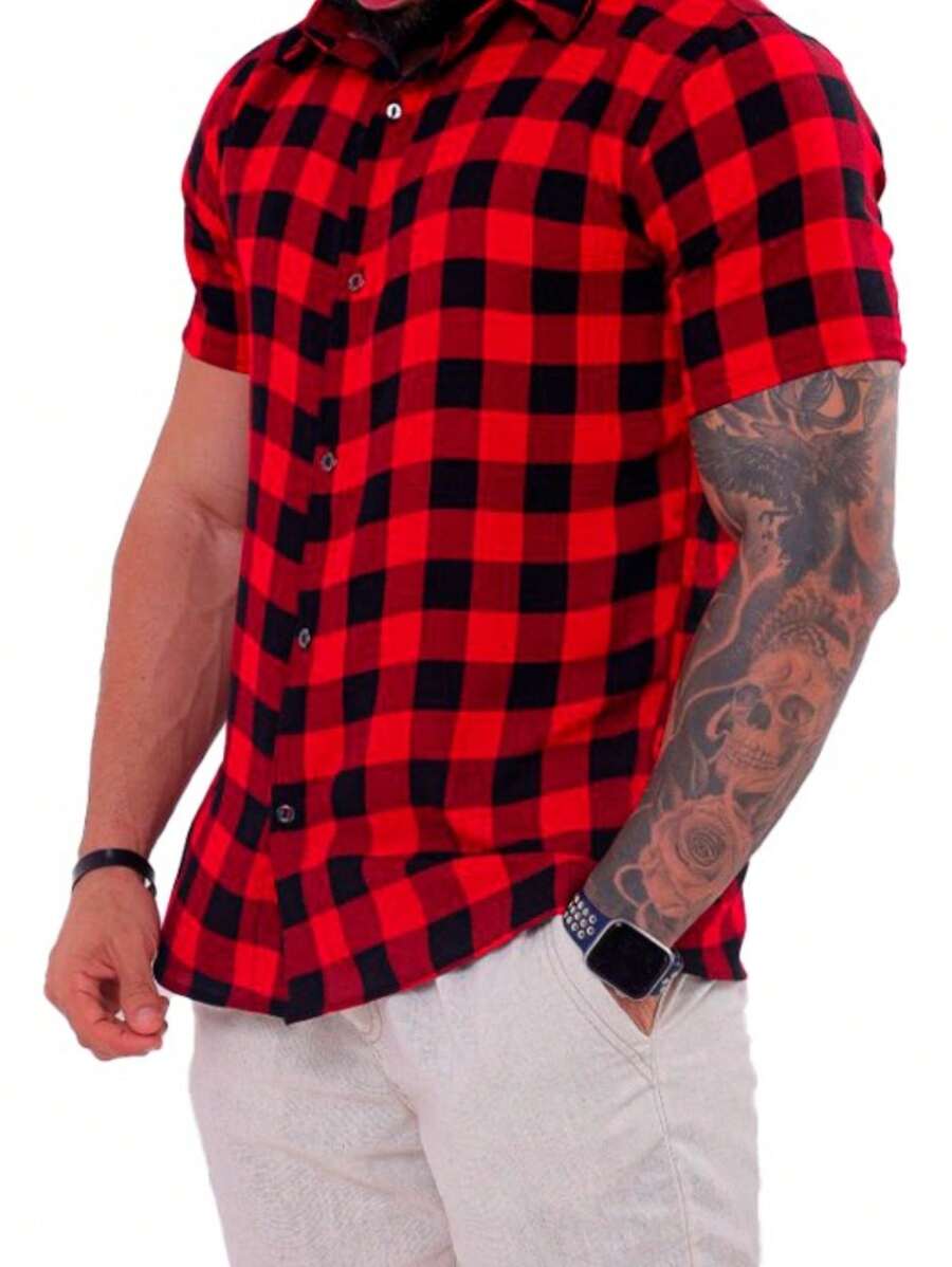 Men's Plaid Shirt Short Sleeve Slim Flannel Buttons Top - Red - View 1