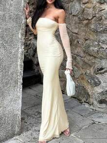 WOWDARK Women Off Shoulder Mesh Long Sleeve Dress, Autumn - Yellow - View 10