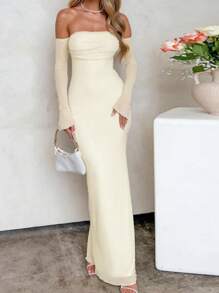 WOWDARK Women Off Shoulder Mesh Long Sleeve Dress, Autumn - Yellow - View 3