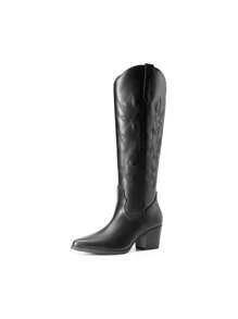 Embroidered Western Boots For Women Comfortable Chunky Heel Pull On Zipper Pointed Toe Knee High Boots Vintage Cowgirl Cowboy Ridding Vacation Boots - 黑色 - 查看 5