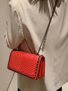 Chain Simple Embroidery Thread Small Square Bag Lightweight Multifunctional Commuting Women's Shoulder Bag PU Material - Red - View 4