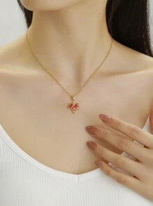 1pc Canada Autumn Red Maple Leaf Zirconia Pendant Necklace, Suitable For Daily Wear By Women