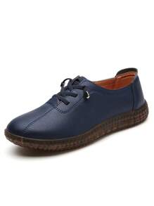 Women's Navy Blue Comfortable Casual Shoes, Elastic Band Round Toe Fashion Retro Slip-On Flat Sneakers With Non-Slip Soft Bottom