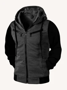 3-Zipper Sweatshirt Cotton Cold Weather Top With Hood With Pocket Slim Jacket - Dark Grey - View 2