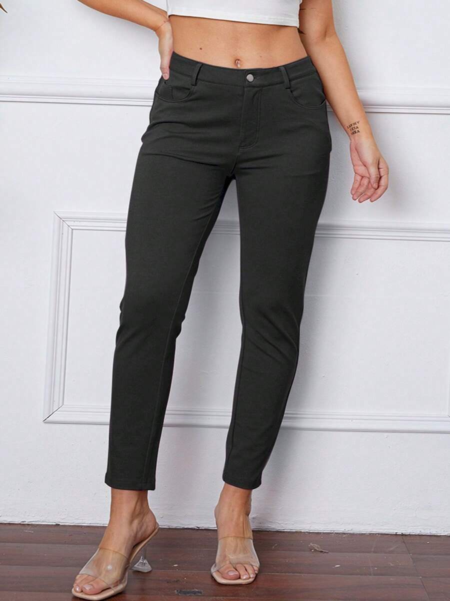 Women's High-Waisted Pants Stretchy Stitch Slim Fit Pants With Pockets Solid Color Button Zip Ankle Length Perfect For Work Or Casual Outings - 灰色 - 查看 1
