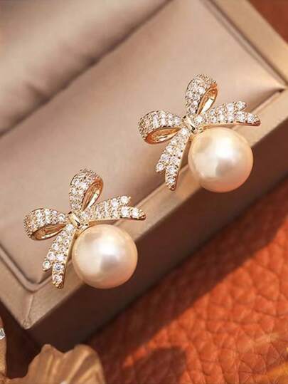 1 Pair Classic Exquisite Bow-Knot Crystal Faux Pearl Stud Earrings, Chic & Elegant Design Valentines,Mom,Mother,Mother's Day,Gift