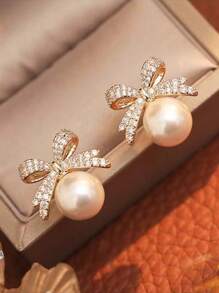 1 Pair Classic Exquisite Bow-Knot Crystal Faux Pearl Stud Earrings, Chic & Elegant Design Valentines,Mom,Mother,Mother's Day,Gift