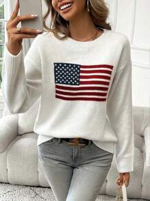 American Flag Jacquard Knit Crew Neck Sweater - White - View 1