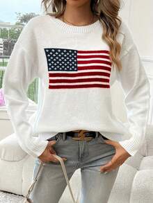 American Flag Jacquard Knit Crew Neck Sweater - White - View 5