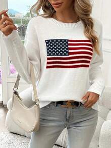 American Flag Jacquard Knit Crew Neck Sweater - White - View 3