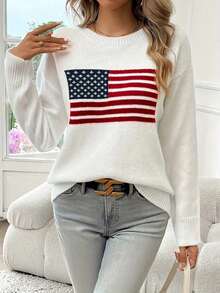 American Flag Jacquard Knit Crew Neck Sweater - White - View 4