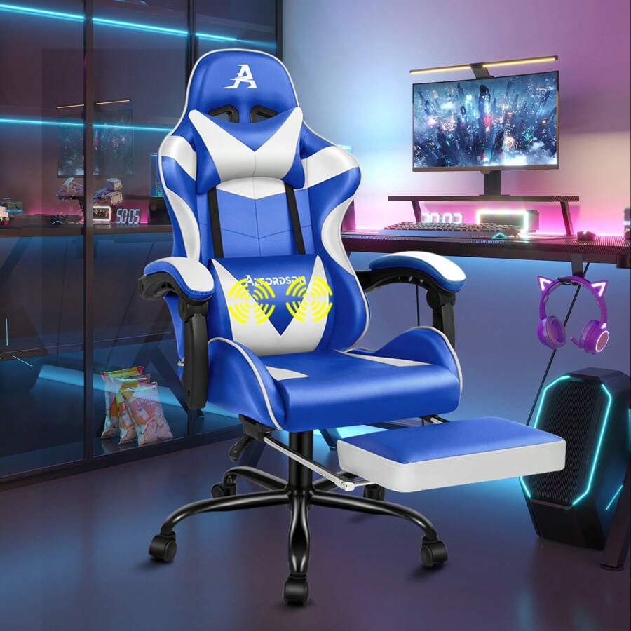 ALFORDSON Video Game Chair, Ergonomic Office Chair, Massage Racing Chair, Retractable Footrest, PU Leather, Height Adjustable And Tilt, 180kg Load Capacity - Blue and White - View 1