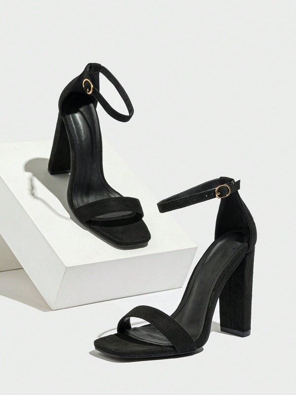 Women's Velvet Buckle Breathable Pointed Toe Chunky Heels Sandals, Summer Minimalist Style Faux Suede Solid Color High Heel Sandals