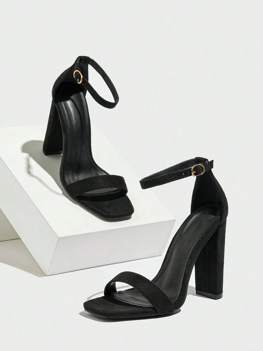 Women's Velvet Buckle Breathable Pointed Toe Chunky Heels Sandals, Summer Minimalist Style Faux Suede Solid Color High Heel Sandals - Black - View 1
