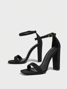Women's Velvet Buckle Breathable Pointed Toe Chunky Heels Sandals, Summer Minimalist Style Faux Suede Solid Color High Heel Sandals - Black - View 2