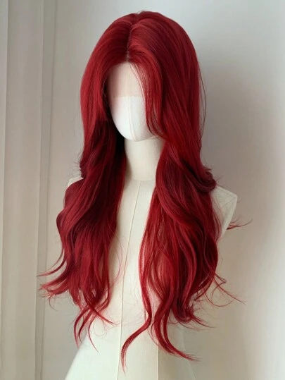 红色长款波浪卷发 Cosplay U 型蕾丝合成假发，耐热，适合日常佩戴、派对、圣诞节等场合（不含配饰）