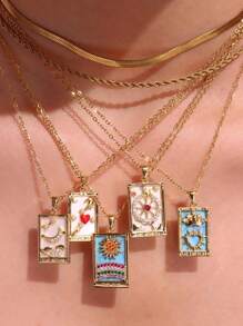 1pc 18K Gold Plated Stainless Steel Vintage Geometric Square Pendant Necklace With Heart, Moon & Zirconia Stones, Fashion Charm Jewelry For Women