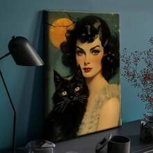1 Pc Unique Wrapped Wooden Frame Canvas Poster, Vintage Witch Holding Her Cat Under The Full Moon Of Halloween Canvas Wall Art Home Decor, Elegant Poster Wall Decorative Living Room Bedroom Kitchen Office Cafe Ready To Hang Wooden Frame,Posters,Stickers,Wall Art,Spring Decoration Items Refesh Your Home,Rama Decoration Stickers
