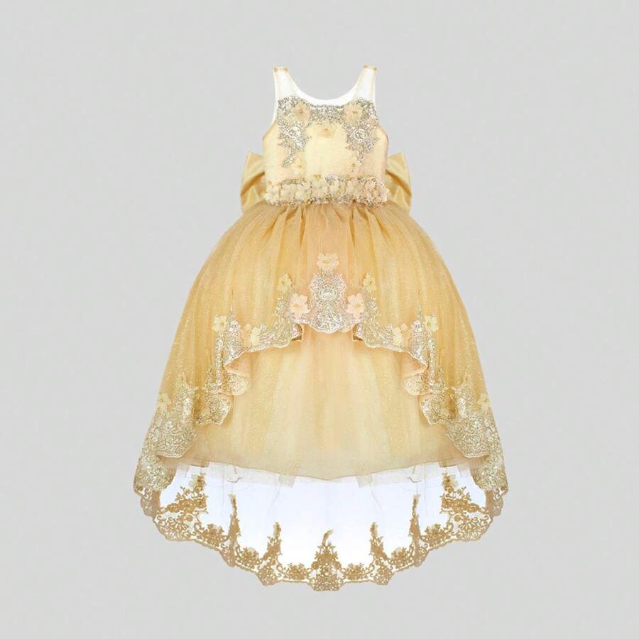 Vestido de Niña Modelo Andrea - Maylin - Largo- Fiesta - Dorado - Ver 1