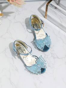 Sandalias de tacón alto para niñas con acento de mariposa, zapatos de vestir de princesa, verano - Azul - Ver 2