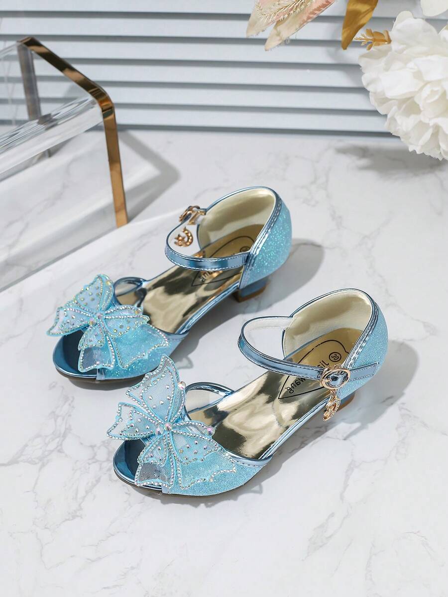 Sandalias de tacón alto para niñas con acento de mariposa, zapatos de vestir de princesa, verano - Azul - Ver 1