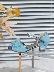 Sandalias de tacón alto para niñas con acento de mariposa, zapatos de vestir de princesa, verano - Azul - Ver 6