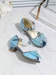 Sandalias de tacón alto para niñas con acento de mariposa, zapatos de vestir de princesa, verano - Azul - Ver 3