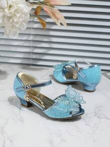 Sandalias de tacón alto para niñas con acento de mariposa, zapatos de vestir de princesa, verano - Azul - Ver 5