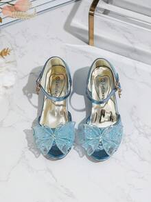 Sandalias de tacón alto para niñas con acento de mariposa, zapatos de vestir de princesa, verano - Azul - Ver 8