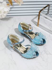 Sandalias de tacón alto para niñas con acento de mariposa, zapatos de vestir de princesa, verano - Azul - Ver 7