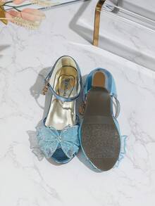 Sandalias de tacón alto para niñas con acento de mariposa, zapatos de vestir de princesa, verano - Azul - Ver 9