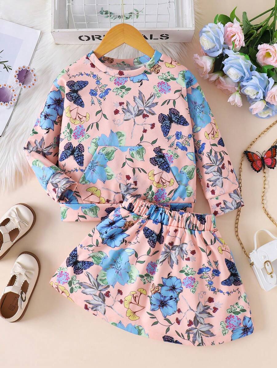 2pcs Fashion Butterfly Flower Printed Long Sleeve Sweatshirt & Dress Set For Girls - Multicolor - View 1