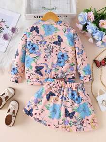 2pcs Fashion Butterfly Flower Printed Long Sleeve Sweatshirt & Dress Set For Girls - Multicolor - View 2