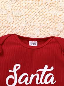 3pcs/Set Baby Girls First Christmas Outfit, Long Sleeve Bodysuit With Ruffle, Flared Pants And Hat, Red Christmas Clothes