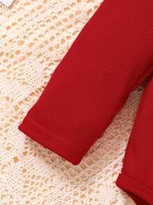 3pcs/Set Baby Girls First Christmas Outfit, Long Sleeve Bodysuit With Ruffle, Flared Pants And Hat, Red Christmas Clothes