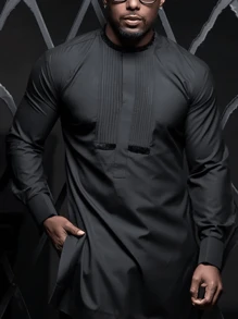 Men's Black Two-Piece Outfits, Long Sleeve Shirt With Chest Pleats And Drawstring Trousers For Dates, Street, Party, Wedding - màu đen - Xem 1
