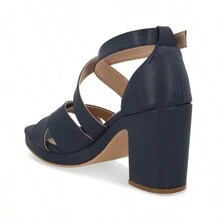 Navy Blue Heeled Sandal With Adjustable Buckles - Navy Blue - View 4
