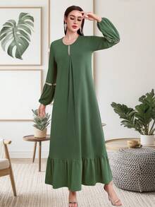 Spring & Summer Clothes Women Sparkly Patchwork Lantern Sleeve Clothing New Long Sleeved Women's Skirt Solid Color Long Skirt Kaftan Ladies Loose Ruffle Trim Decorated Elegant Maxi Dress - Green - View 3